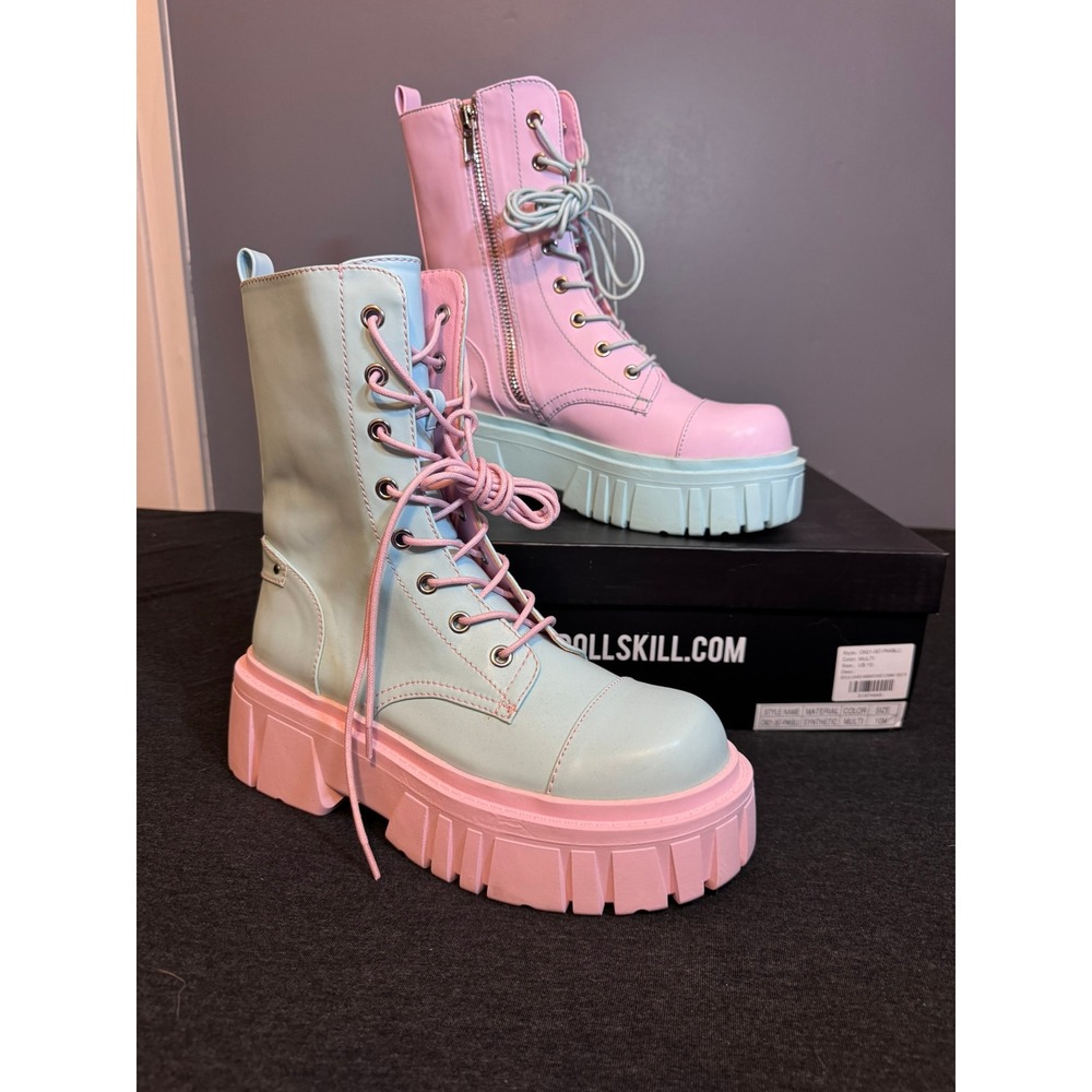 Dolls Kill Devils Games Mismatched Combat Boots Pink Blue CM21-367-PNKBLU 10